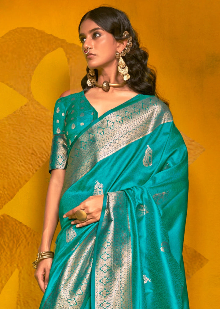 Cerulean Blue Silk Saree Handwoven with Brocade Blouse - House of Sarvati LLC