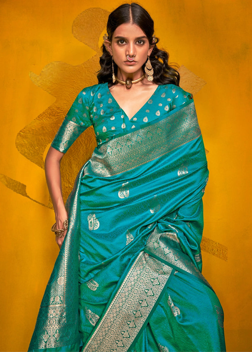 Cerulean Blue Silk Saree Handwoven with Brocade Blouse - House of Sarvati LLC