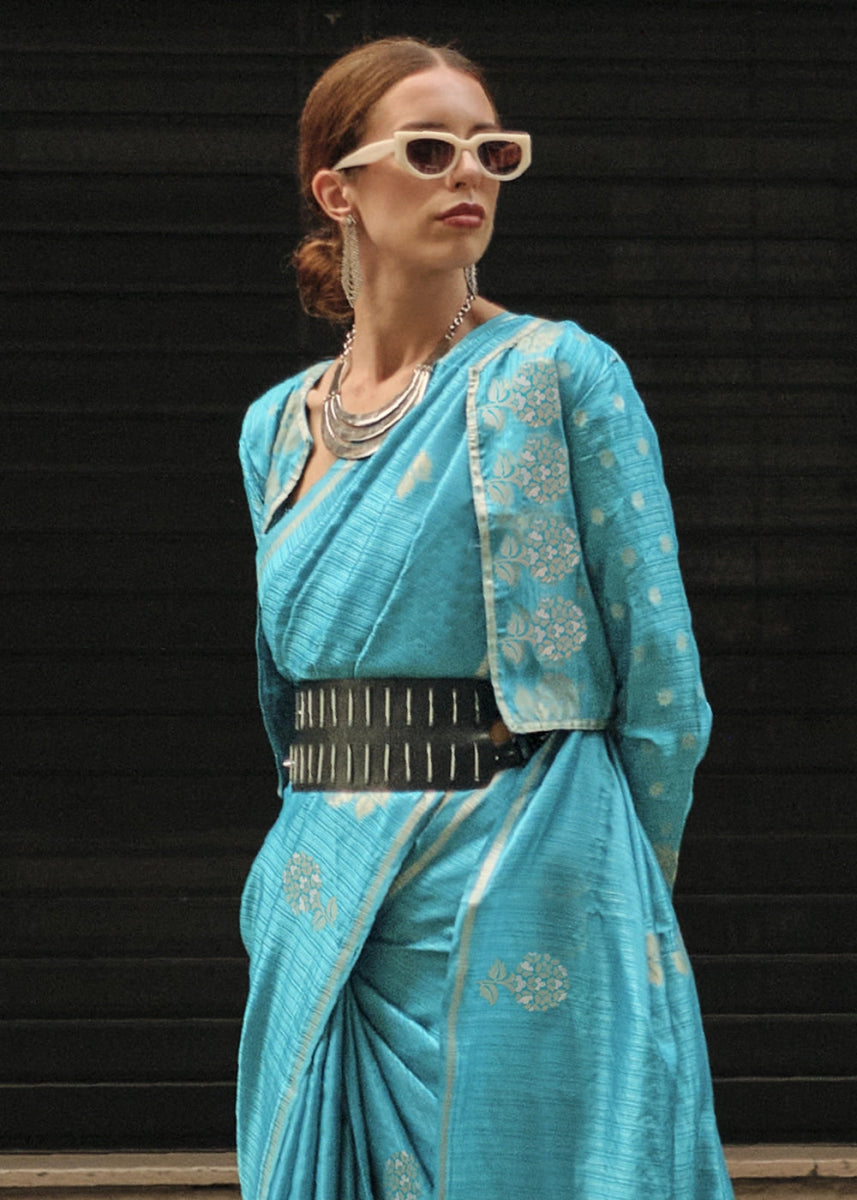 Cerulean Blue Zari Woven Saree In Soft Satin Silk With Luxe Finish - House of Sarvati LLC