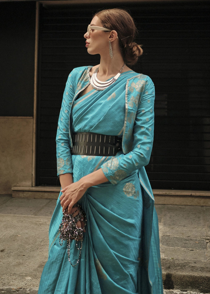 Cerulean Blue Zari Woven Saree In Soft Satin Silk With Luxe Finish - House of Sarvati LLC