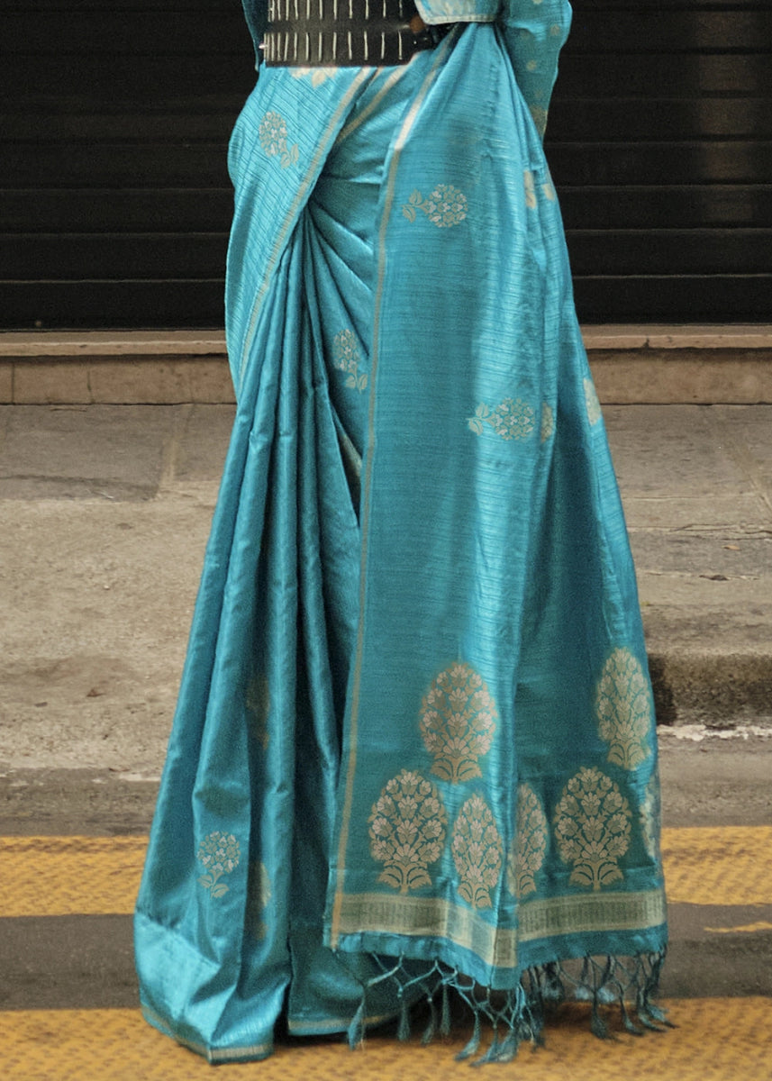 Cerulean Blue Zari Woven Saree In Soft Satin Silk With Luxe Finish - House of Sarvati LLC