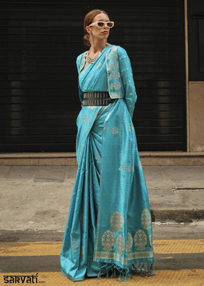 Cerulean Blue Zari Woven Saree In Soft Satin Silk With Luxe Finish - House of Sarvati LLC
