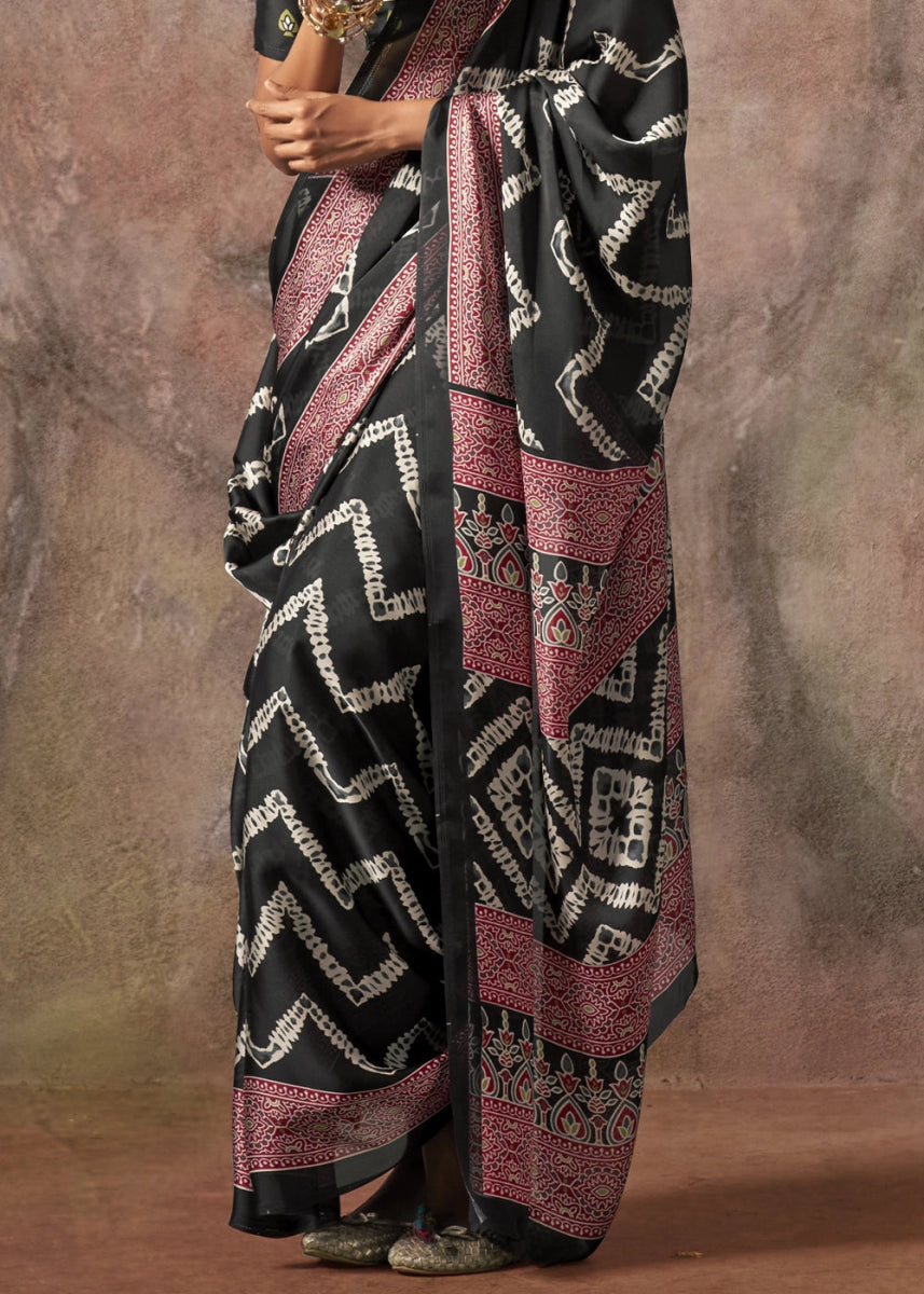 Charcoal Black Printed Satin Georgette Saree with Ajrakh & Bandhani Patterns - House of Sarvati LLC
