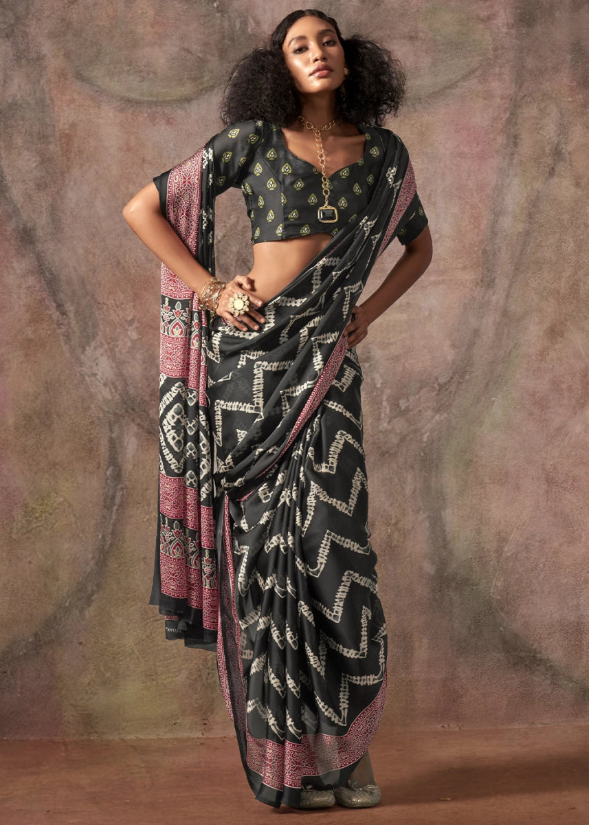 Charcoal Black Printed Satin Georgette Saree with Ajrakh & Bandhani Patterns - House of Sarvati LLC