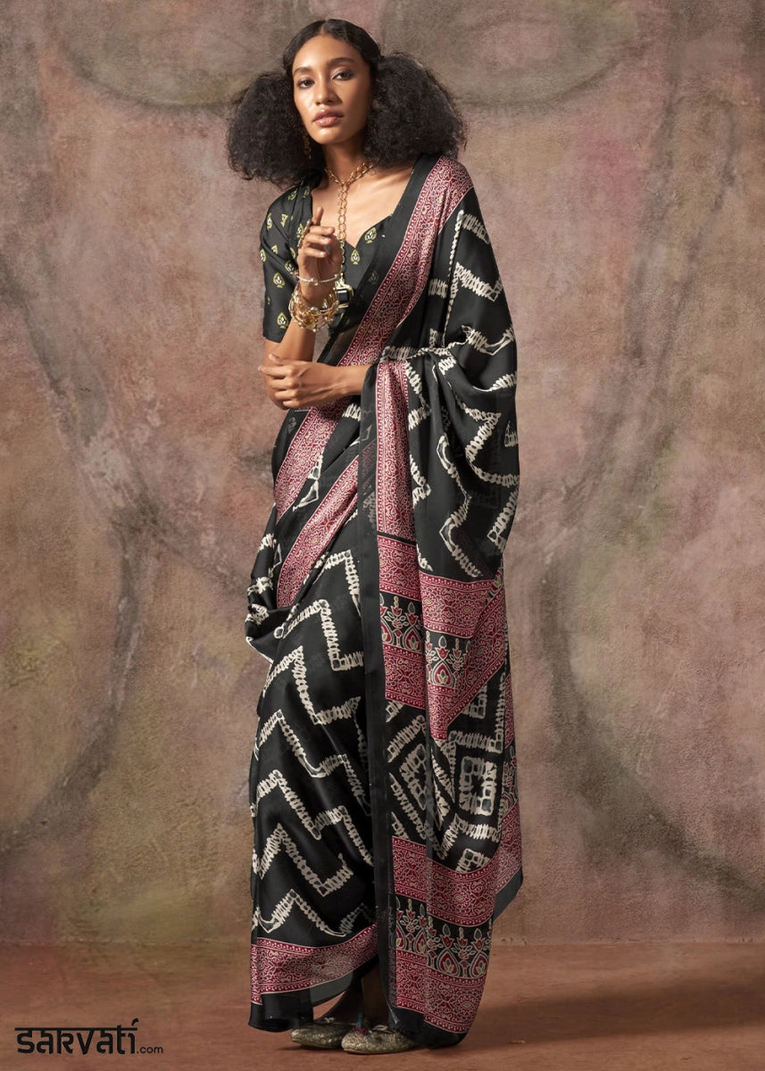 Charcoal Black Printed Satin Georgette Saree with Ajrakh & Bandhani Patterns - House of Sarvati LLC