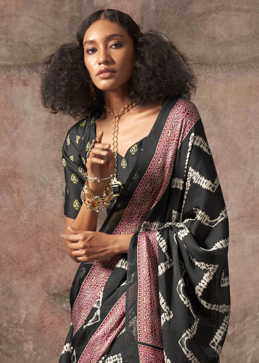 Charcoal Black Printed Satin Georgette Saree with Ajrakh & Bandhani Patterns - House of Sarvati LLC