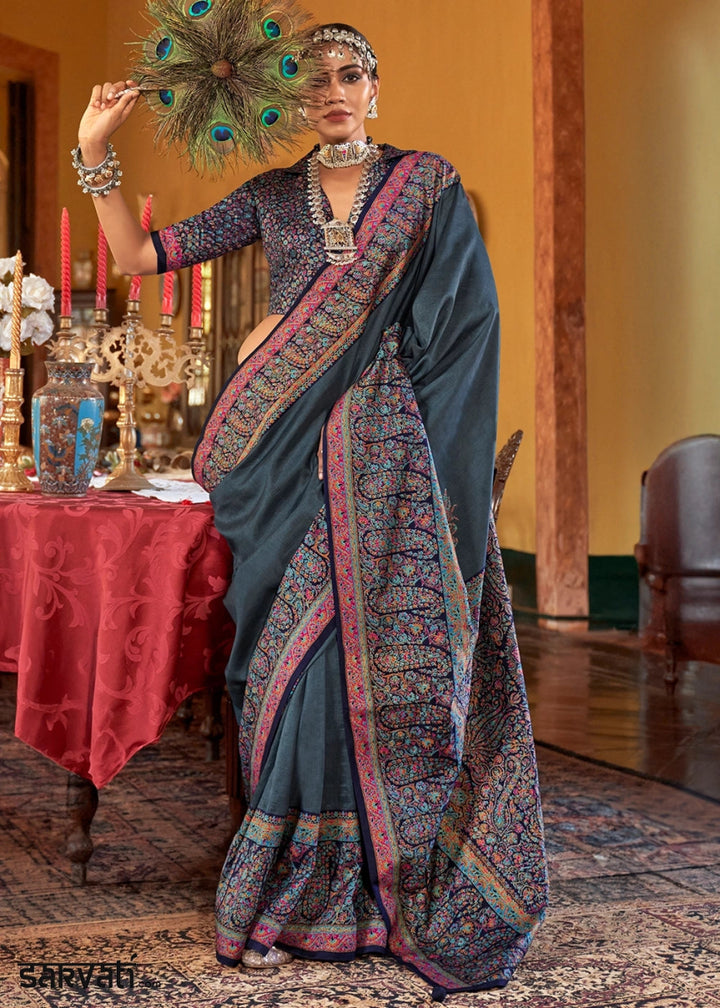 Charcoal Black Silk Saree Featuring Exquisite Kashmiri Paisley Artwork - House of Sarvati LLC
