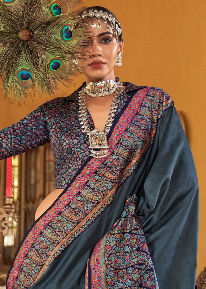 Charcoal Black Silk Saree Featuring Exquisite Kashmiri Paisley Artwork - House of Sarvati LLC