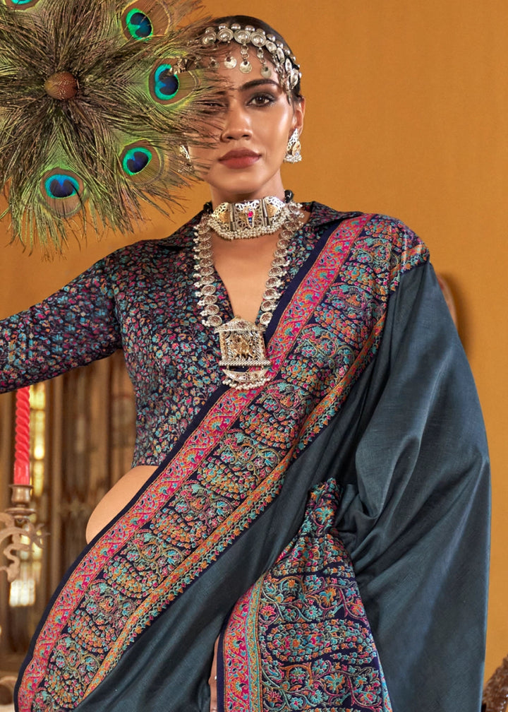 Charcoal Black Silk Saree Featuring Exquisite Kashmiri Paisley Artwork - House of Sarvati LLC