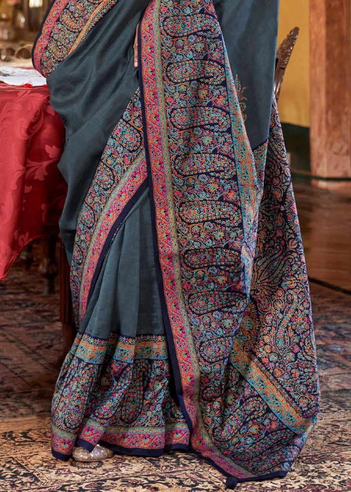 Charcoal Black Silk Saree Featuring Exquisite Kashmiri Paisley Artwork - House of Sarvati LLC