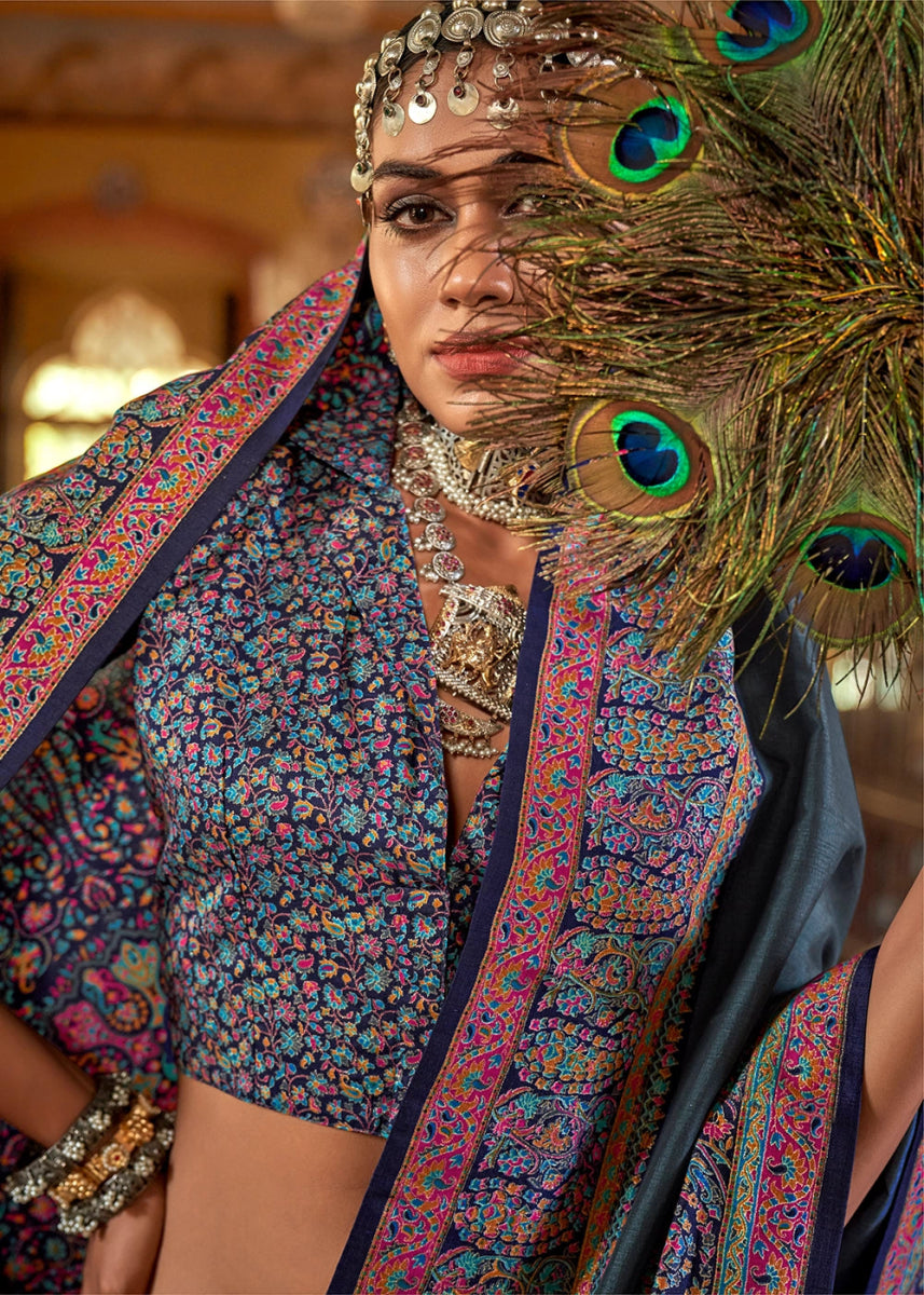 Charcoal Black Silk Saree Featuring Exquisite Kashmiri Paisley Artwork - House of Sarvati LLC