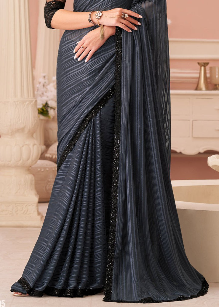 Charcoal Grey Embellished Georgette Saree with Designer Blouse - House of Sarvati LLC