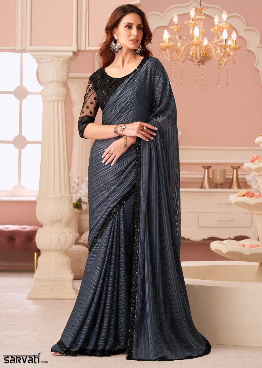 Charcoal Grey Embellished Georgette Saree with Designer Blouse - House of Sarvati LLC