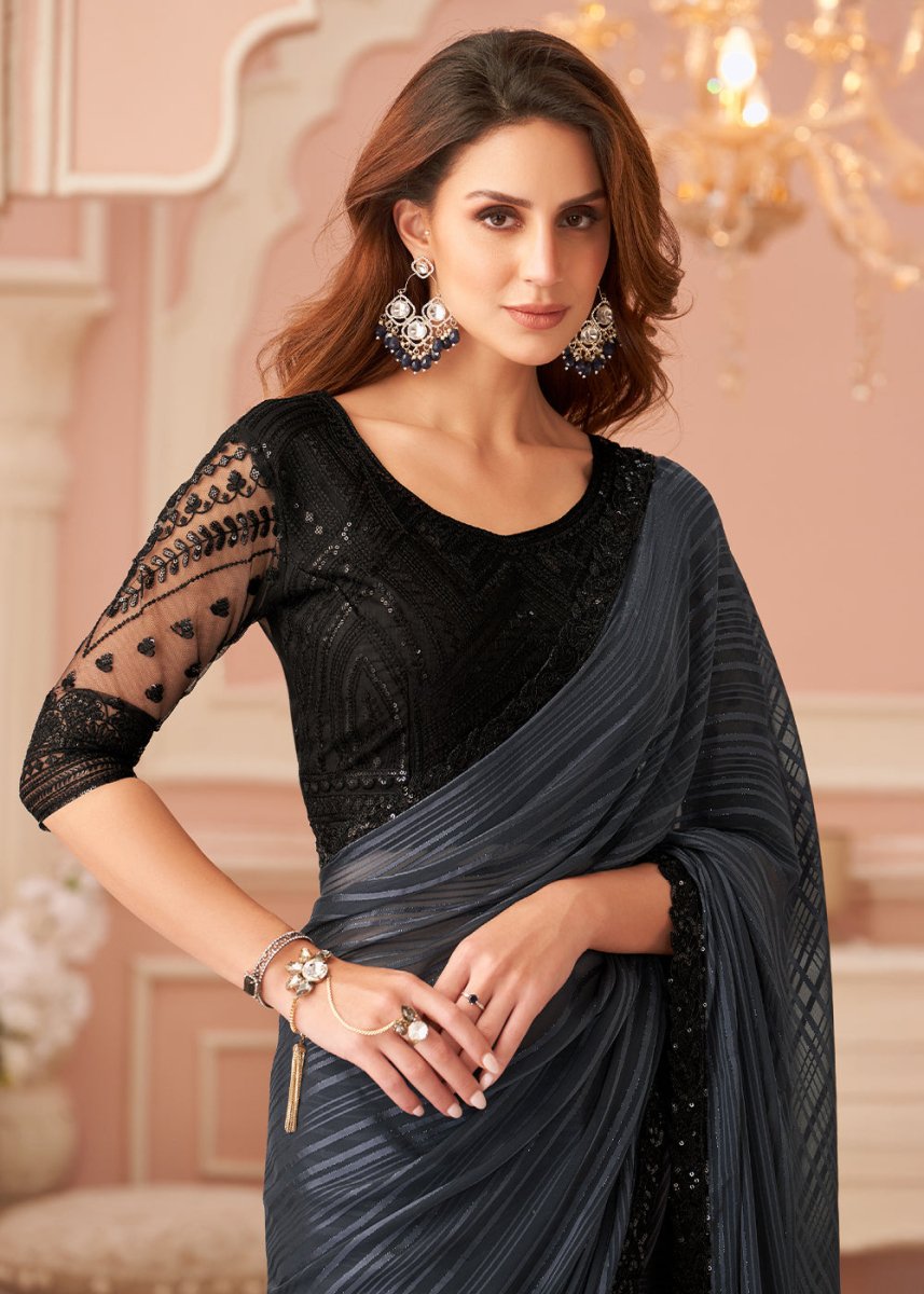 Charcoal Grey Embellished Georgette Saree with Designer Blouse - House of Sarvati LLC