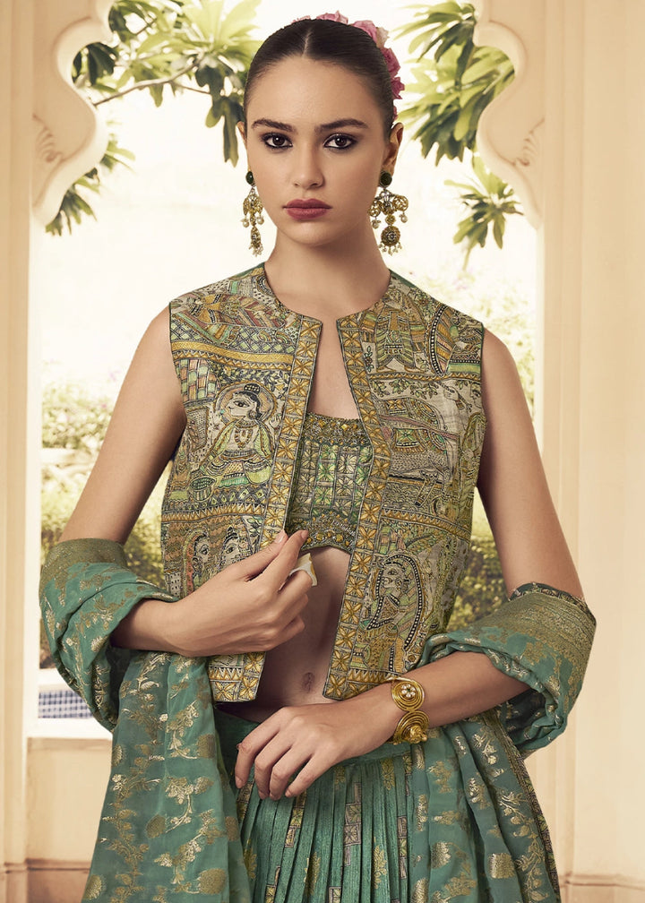 Chateau Green Silk Lehenga Choli Ensemble with Designer Embroidered Jacket - House of Sarvati LLC