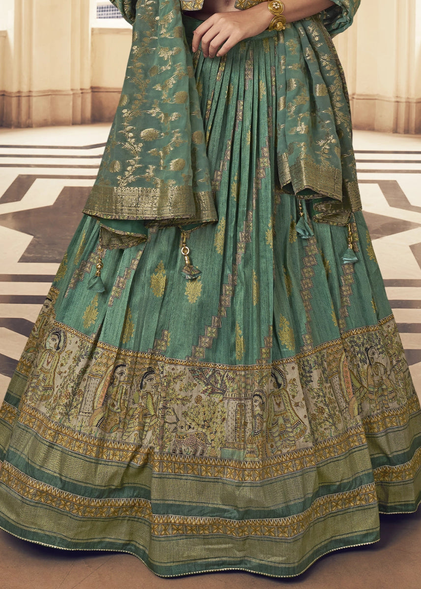 Chateau Green Silk Lehenga Choli Ensemble with Designer Embroidered Jacket - House of Sarvati LLC