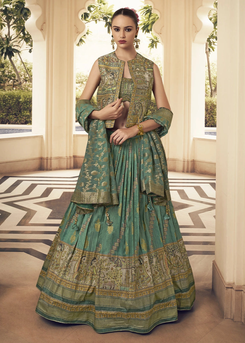Chateau Green Silk Lehenga Choli Ensemble with Designer Embroidered Jacket - House of Sarvati LLC