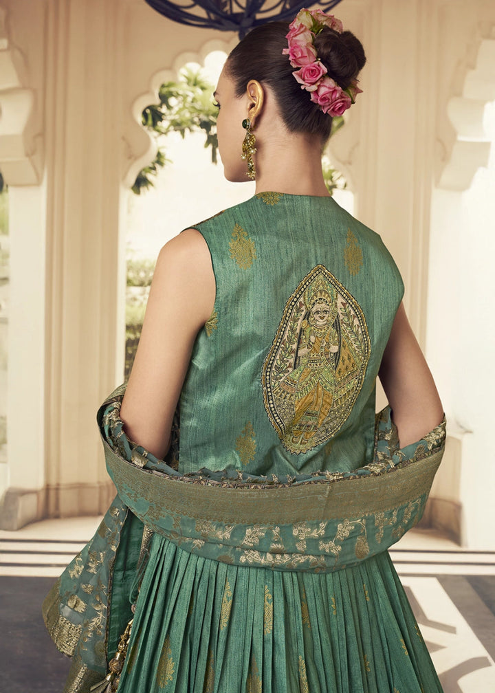 Chateau Green Silk Lehenga Choli Ensemble with Designer Embroidered Jacket - House of Sarvati LLC