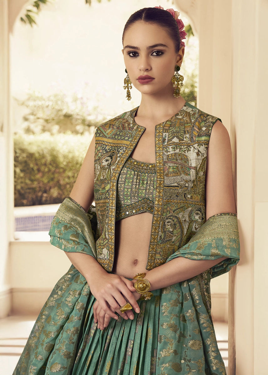 Chateau Green Silk Lehenga Choli Ensemble with Designer Embroidered Jacket - House of Sarvati LLC