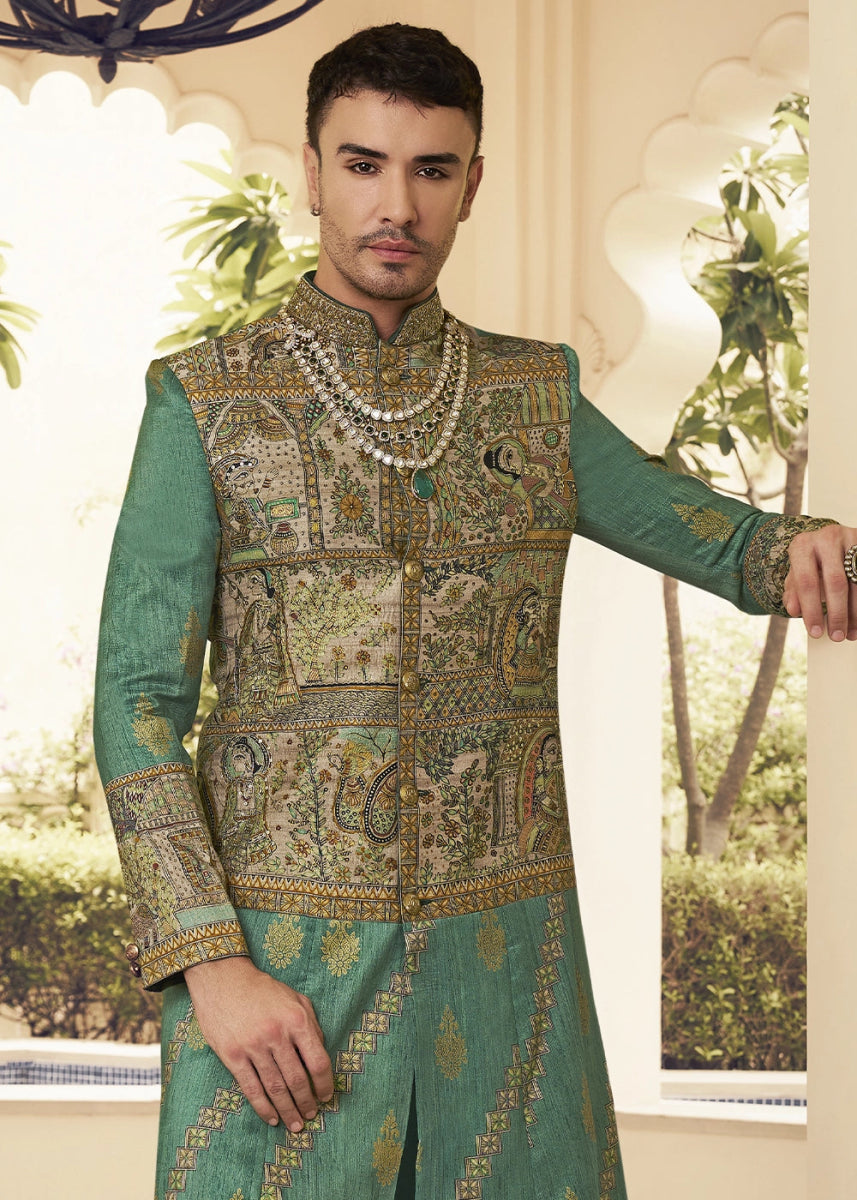 Chateau Green Silk Sherwani Set Ensemble with Elegant Print and Embroidery - House of Sarvati LLC