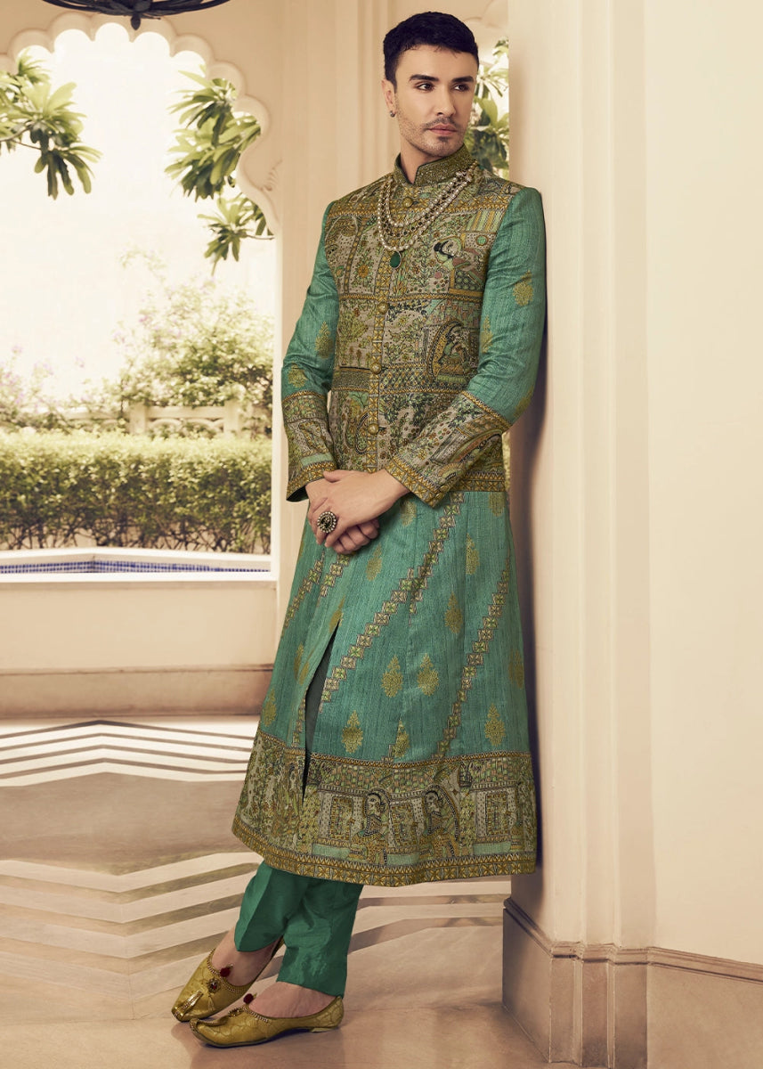 Chateau Green Silk Sherwani Set Ensemble with Elegant Print and Embroidery - House of Sarvati LLC