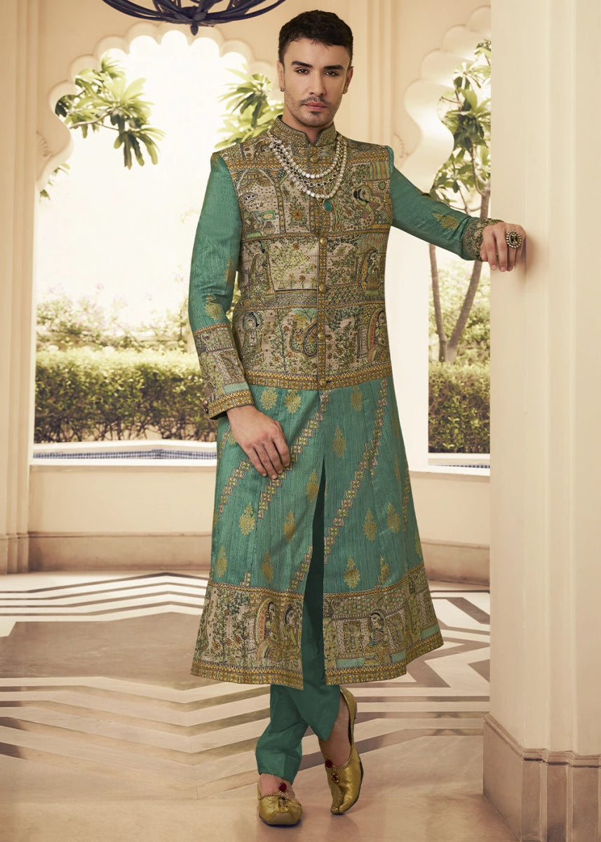 Chateau Green Silk Sherwani Set Ensemble with Elegant Print and Embroidery - House of Sarvati LLC