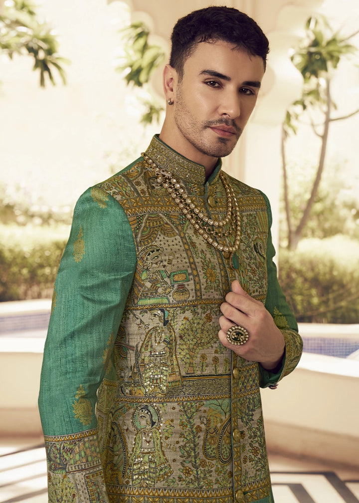 Chateau Green Silk Sherwani Set Ensemble with Elegant Print and Embroidery - House of Sarvati LLC