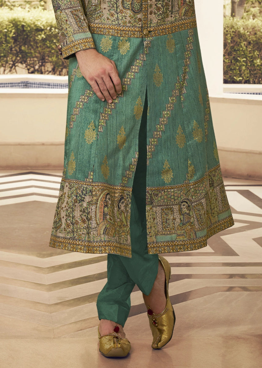 Chateau Green Silk Sherwani Set Ensemble with Elegant Print and Embroidery - House of Sarvati LLC