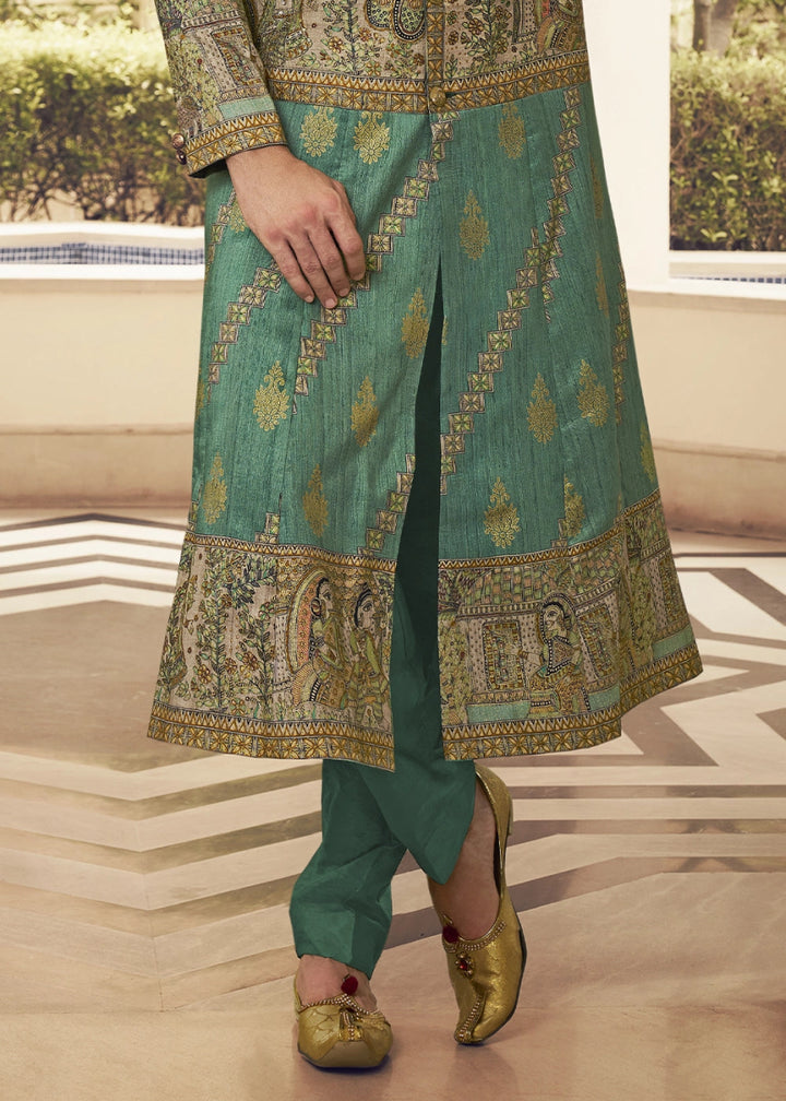 Chateau Green Silk Sherwani Set Ensemble with Elegant Print and Embroidery - House of Sarvati LLC