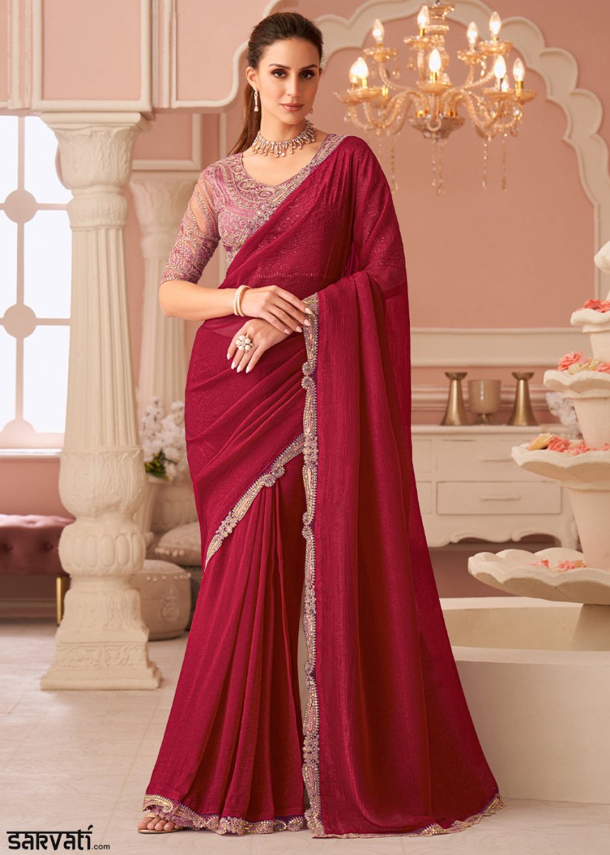 Cherry Red Embellished Georgette Saree with Designer Blouse - House of Sarvati LLC