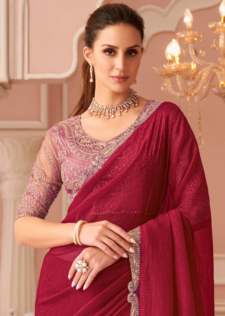 Cherry Red Embellished Georgette Saree with Designer Blouse - House of Sarvati LLC