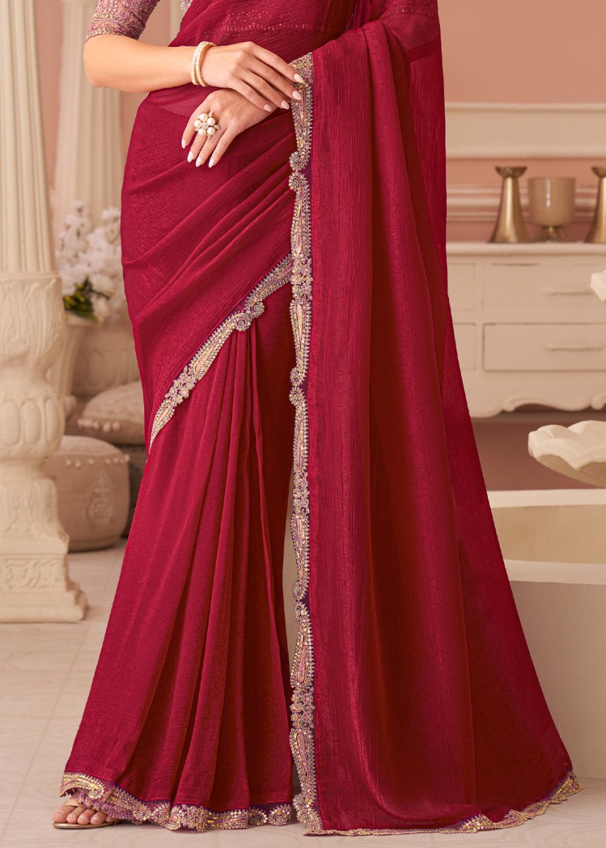 Cherry Red Embellished Georgette Saree with Designer Blouse - House of Sarvati LLC