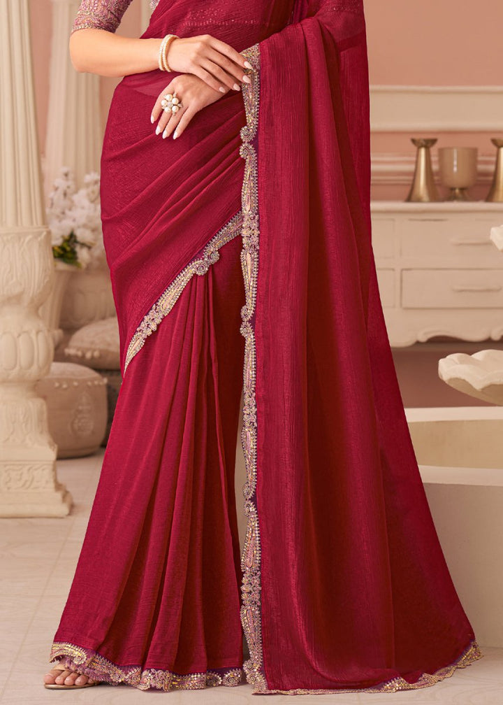 Cherry Red Embellished Georgette Saree with Designer Blouse - House of Sarvati LLC