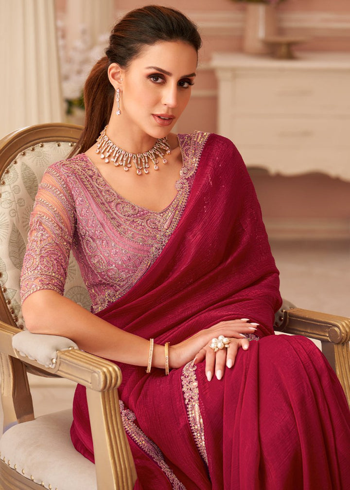 Cherry Red Embellished Georgette Saree with Designer Blouse - House of Sarvati LLC