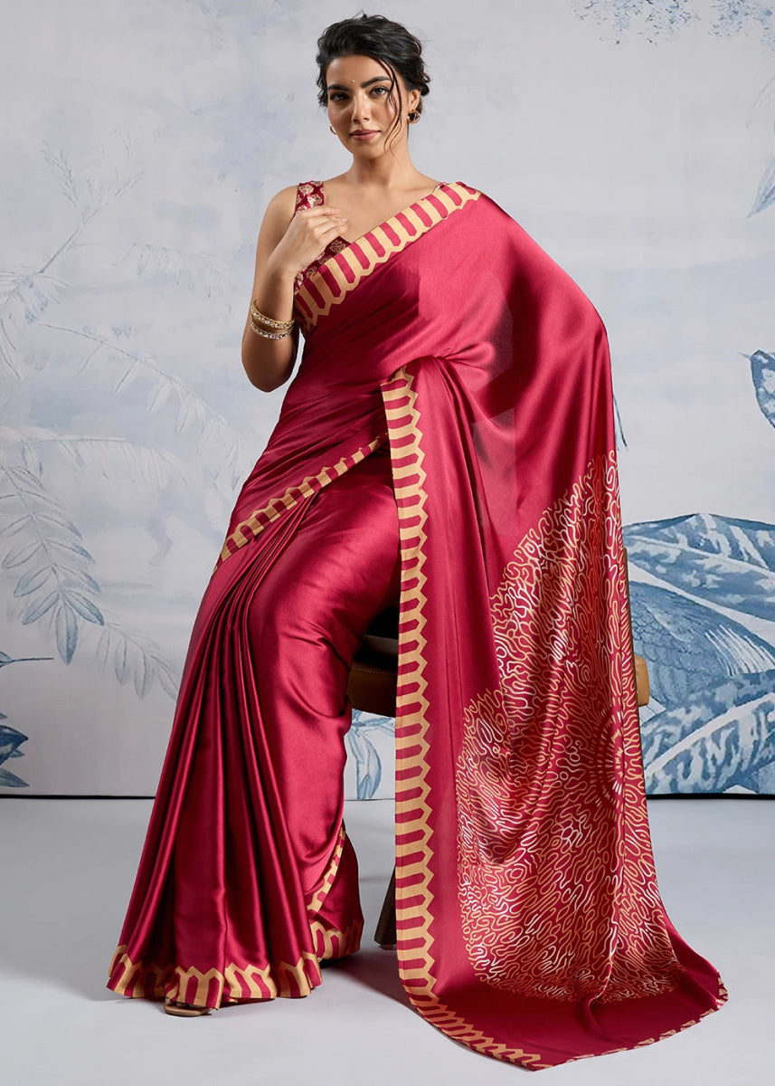 Cherry Red Saree in Modal Satin with Classic Ajrakh Print - House of Sarvati LLC