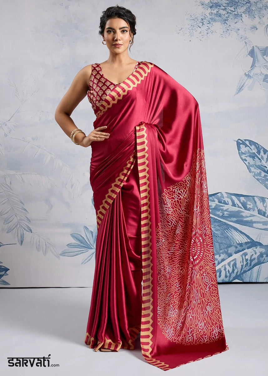 Cherry Red Saree in Modal Satin with Classic Ajrakh Print - House of Sarvati LLC