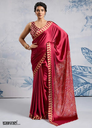 Cherry Red Saree in Modal Satin with Classic Ajrakh Print