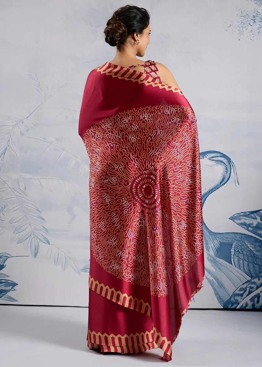 Cherry Red Saree in Modal Satin with Classic Ajrakh Print - House of Sarvati LLC
