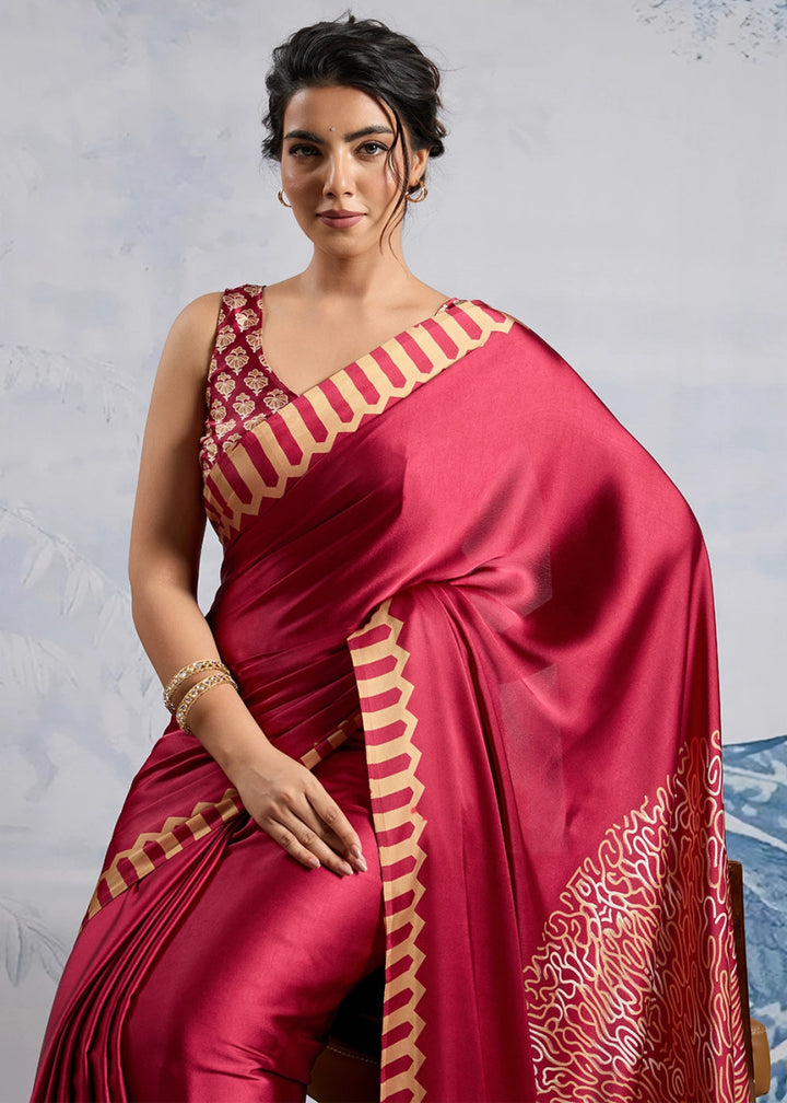 Cherry Red Saree in Modal Satin with Classic Ajrakh Print - House of Sarvati LLC