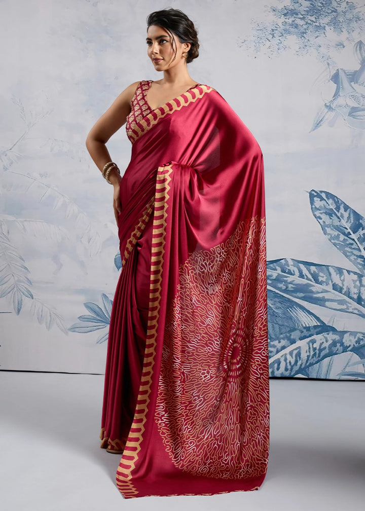 Cherry Red Saree in Modal Satin with Classic Ajrakh Print - House of Sarvati LLC