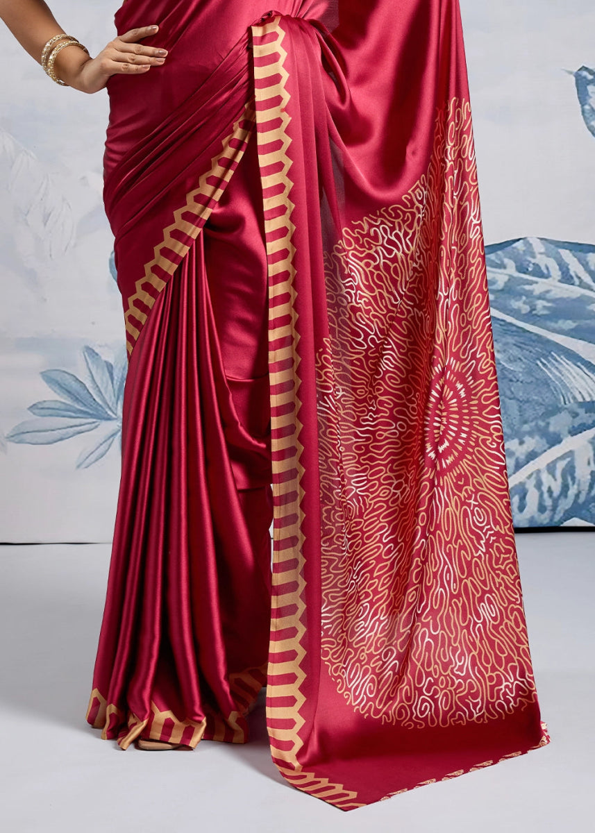 Cherry Red Saree in Modal Satin with Classic Ajrakh Print - House of Sarvati LLC