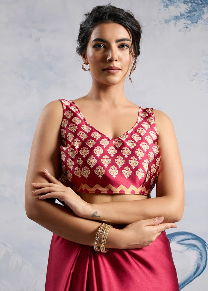Cherry Red Saree in Modal Satin with Classic Ajrakh Print - House of Sarvati LLC