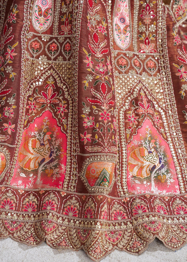 Chestnut Brown Banarasi Silk Lehenga Choli Embellished With Sequins, Aari Work And Floral Detailing - House of Sarvati LLC