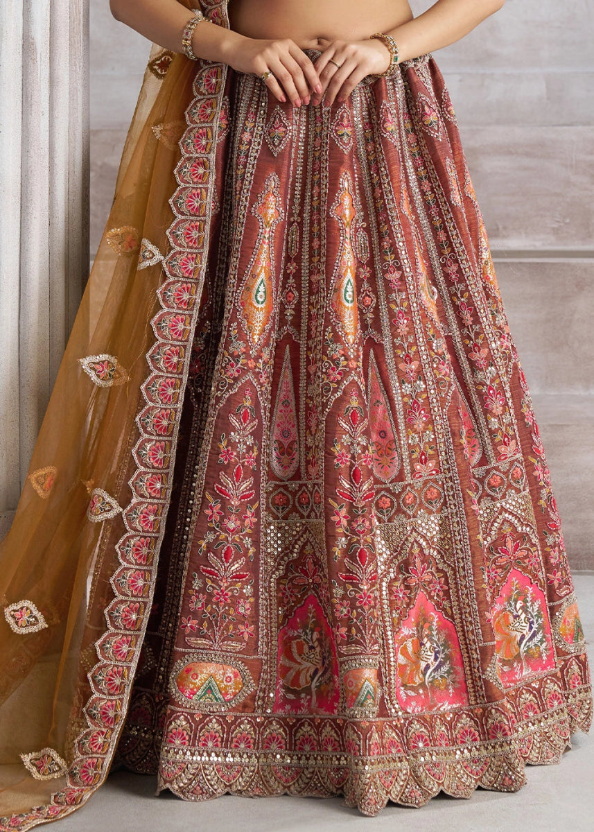Chestnut Brown Banarasi Silk Lehenga Choli Embellished With Sequins, Aari Work And Floral Detailing - House of Sarvati LLC