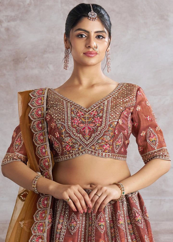 Chestnut Brown Banarasi Silk Lehenga Choli Embellished With Sequins, Aari Work And Floral Detailing - House of Sarvati LLC