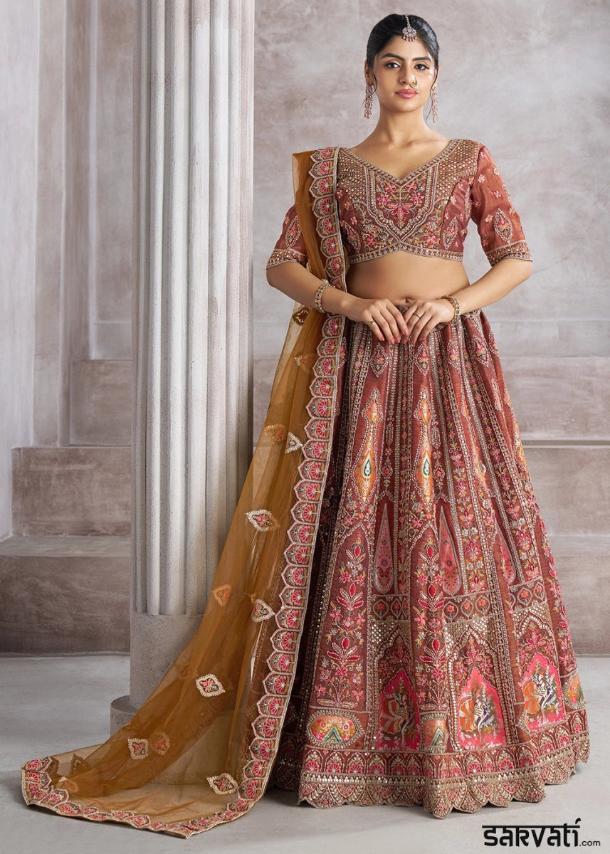Chestnut Brown Banarasi Silk Lehenga Choli Embellished With Sequins, Aari Work And Floral Detailing - House of Sarvati LLC