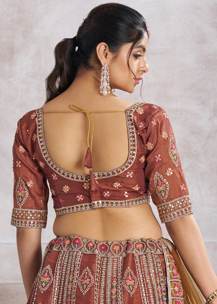 Chestnut Brown Banarasi Silk Lehenga Choli Embellished With Sequins, Aari Work And Floral Detailing - House of Sarvati LLC