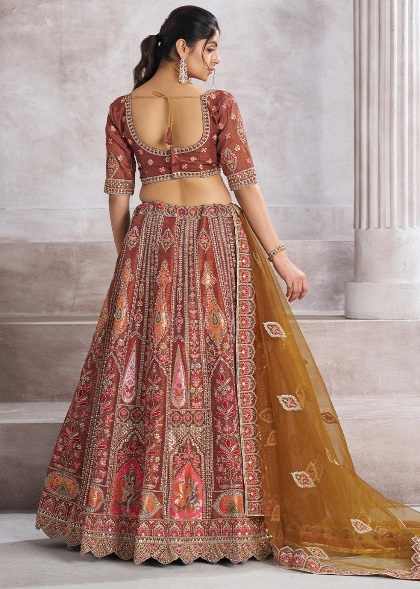 Chestnut Brown Banarasi Silk Lehenga Choli Embellished With Sequins, Aari Work And Floral Detailing - House of Sarvati LLC