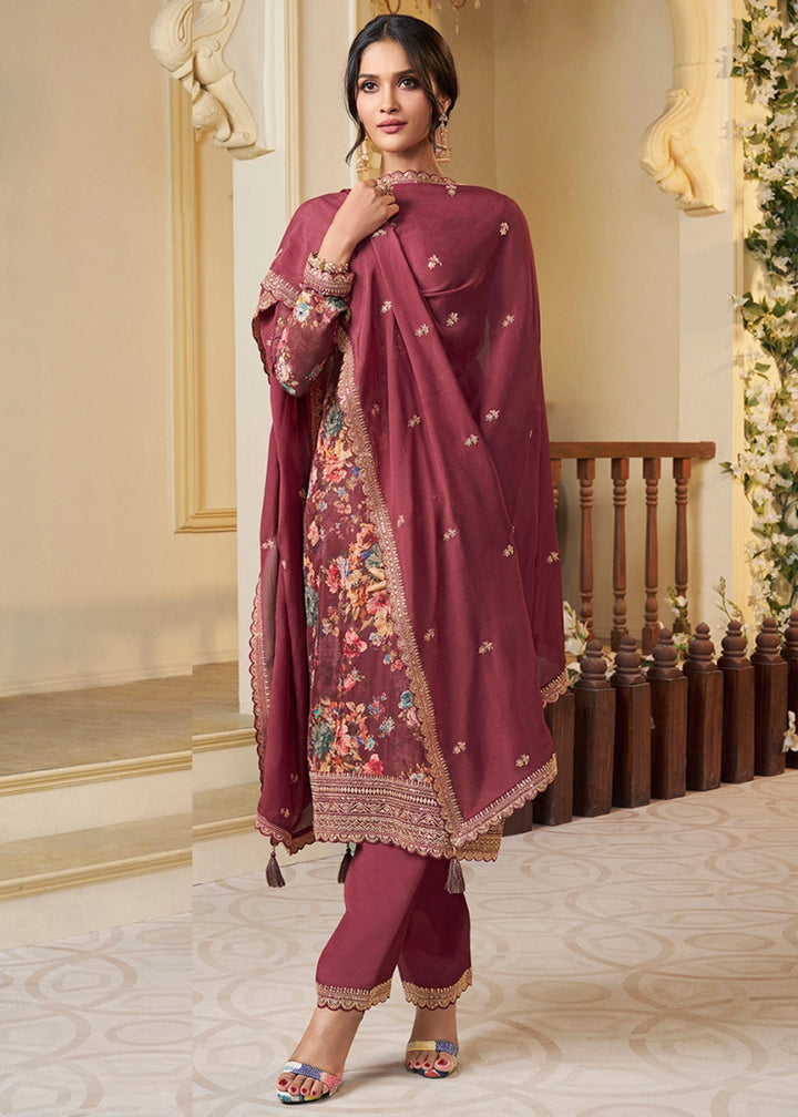 Chestnut Brown Chinon Silk Floral Printed Salwar Suit with Butti & Sequin Embroidery - House of Sarvati LLC
