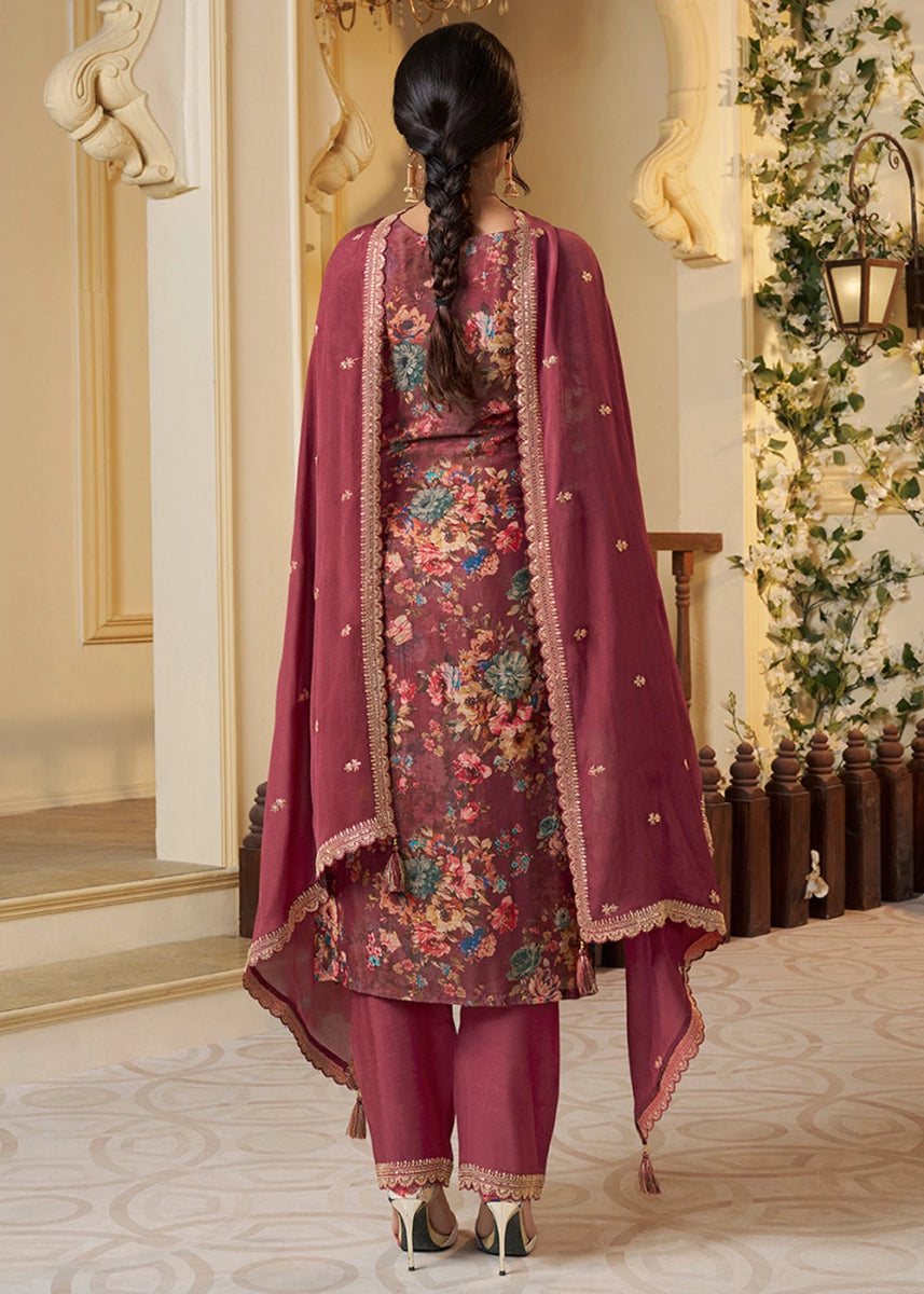 Chestnut Brown Chinon Silk Floral Printed Salwar Suit with Butti & Sequin Embroidery - House of Sarvati LLC